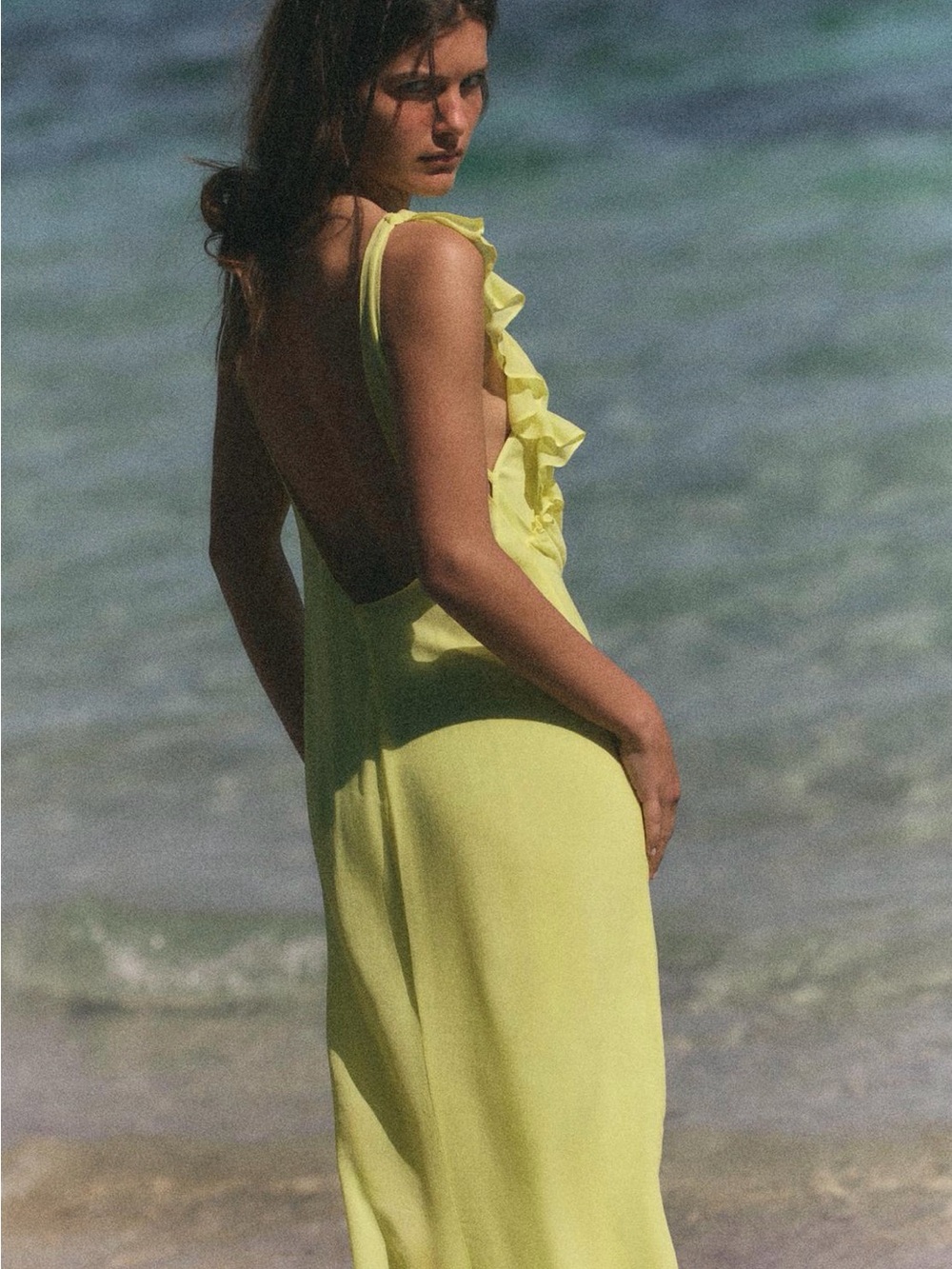 Zara Lemon Yellow Backless Ruffle Maxi Dress
